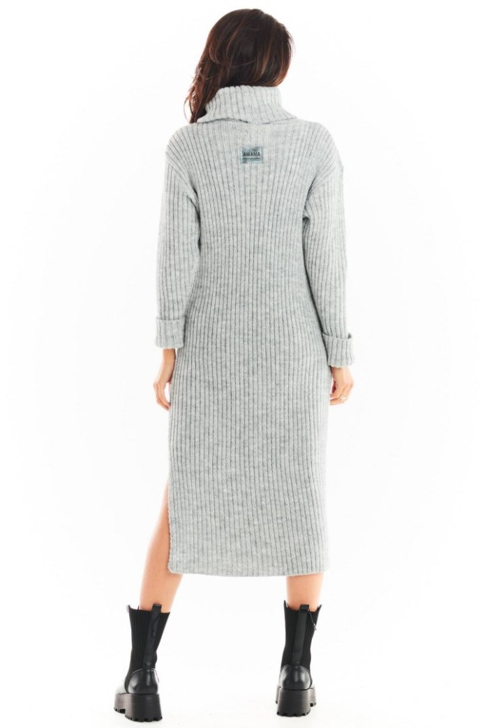 Sukienka Swetrowa Midi Z Golfem I Długim Rękawem - szara